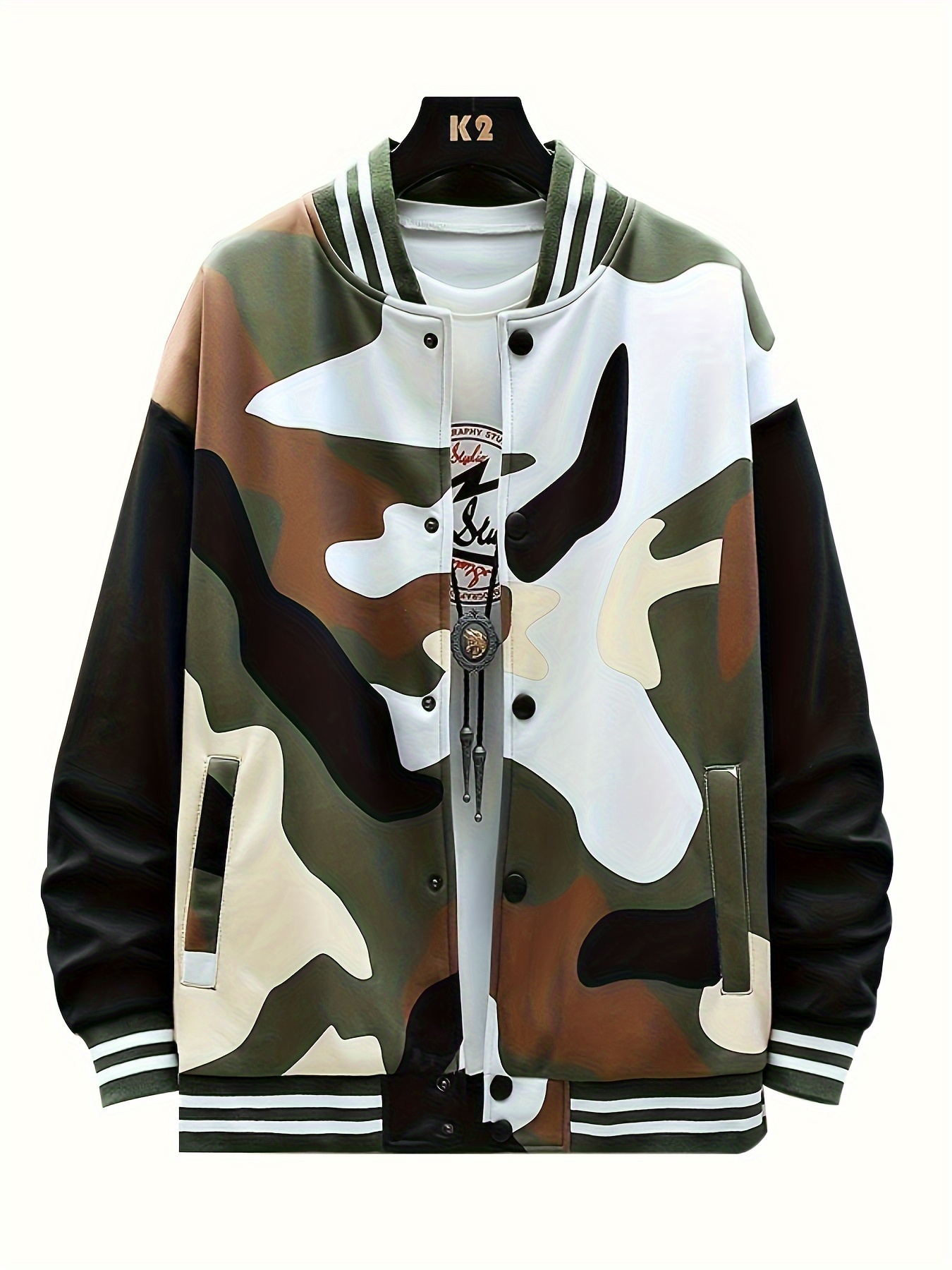 mens trendy camouflage baseball jacket casual slightly stretch breathable button up jacket for outdoor details 2