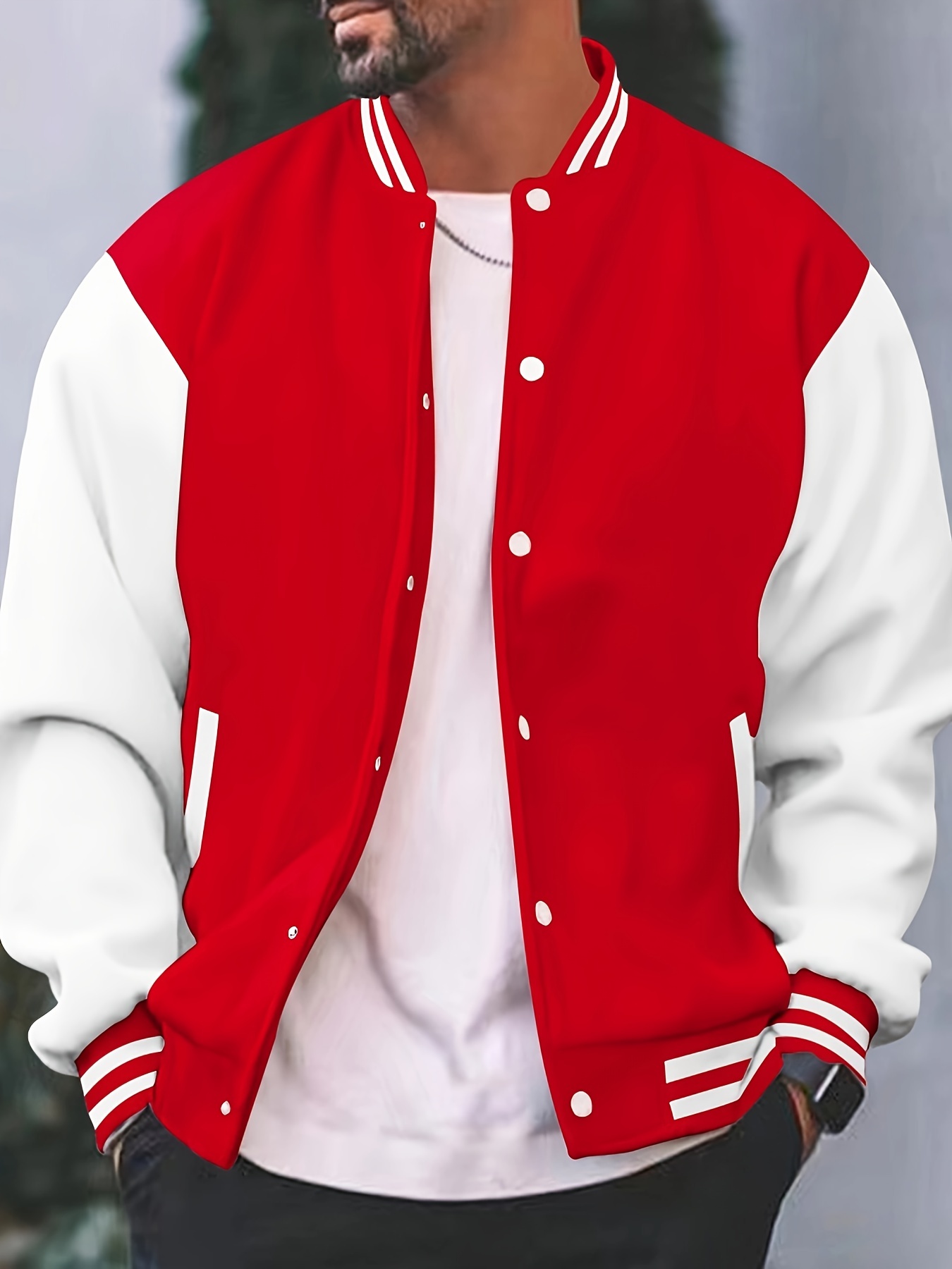 mens causal color block button up varsity jacket chic baseball collar jacket for school details 0