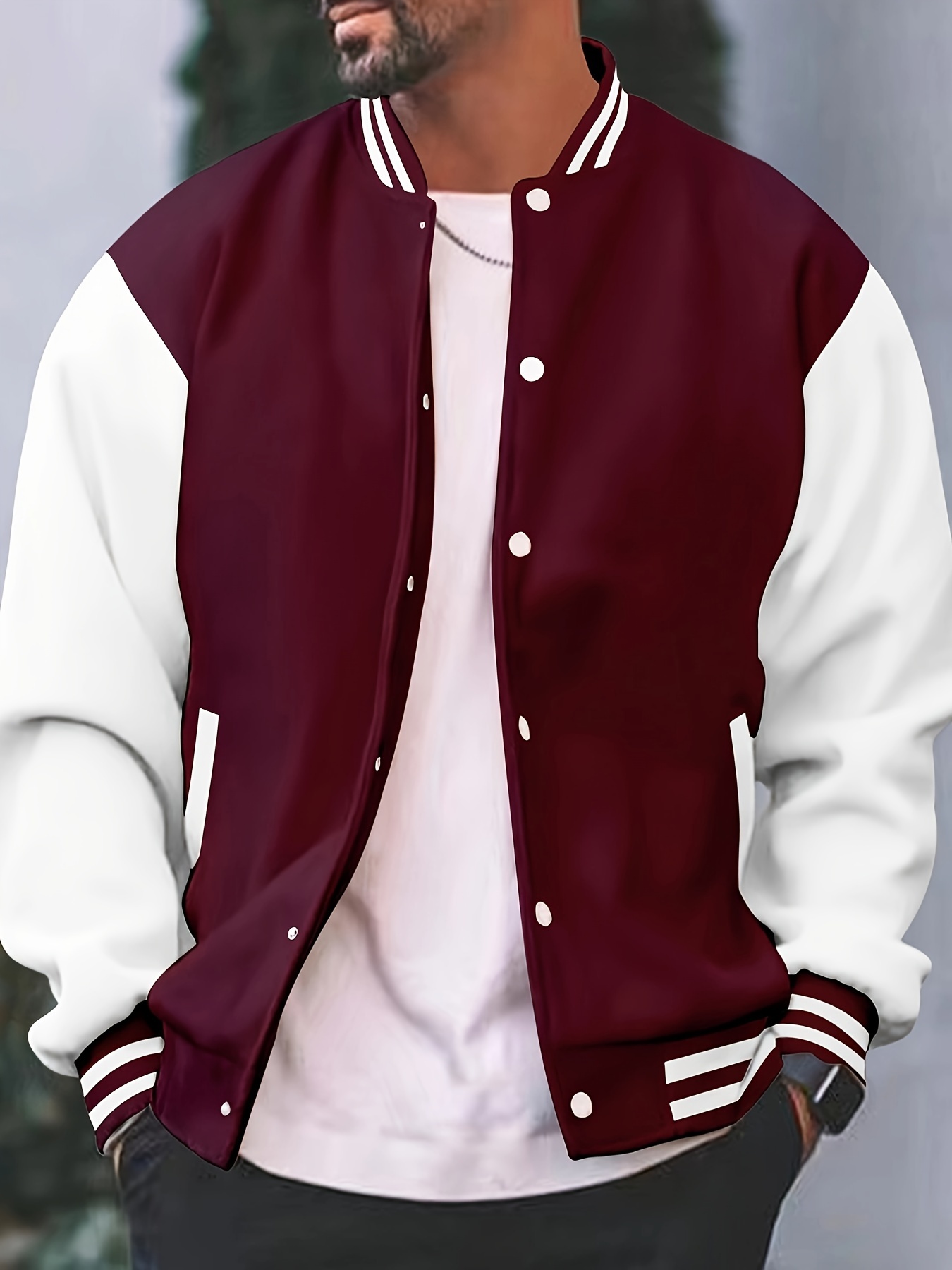 mens causal color block button up varsity jacket chic baseball collar jacket for school details 5