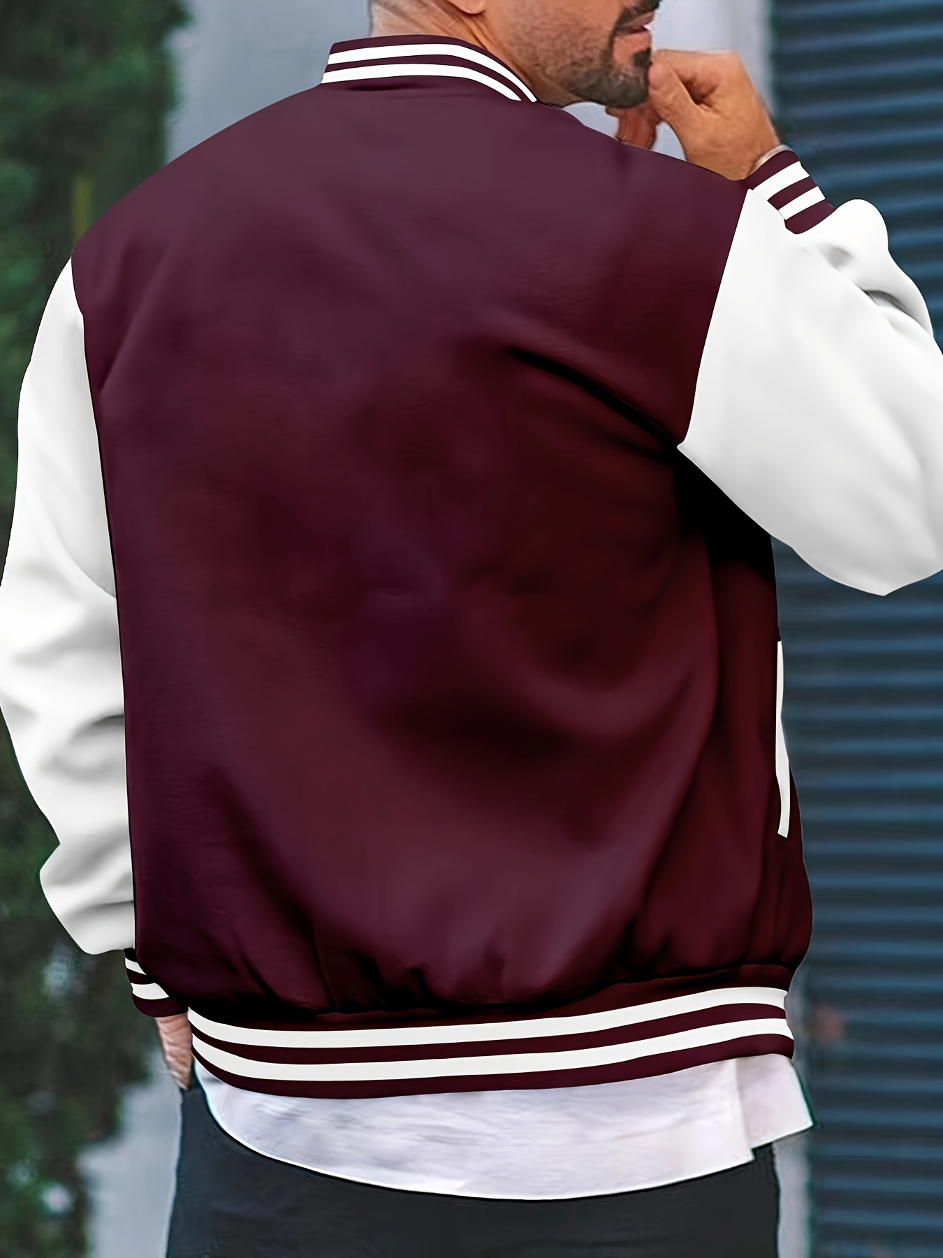 mens causal color block button up varsity jacket chic baseball collar jacket for school details 6