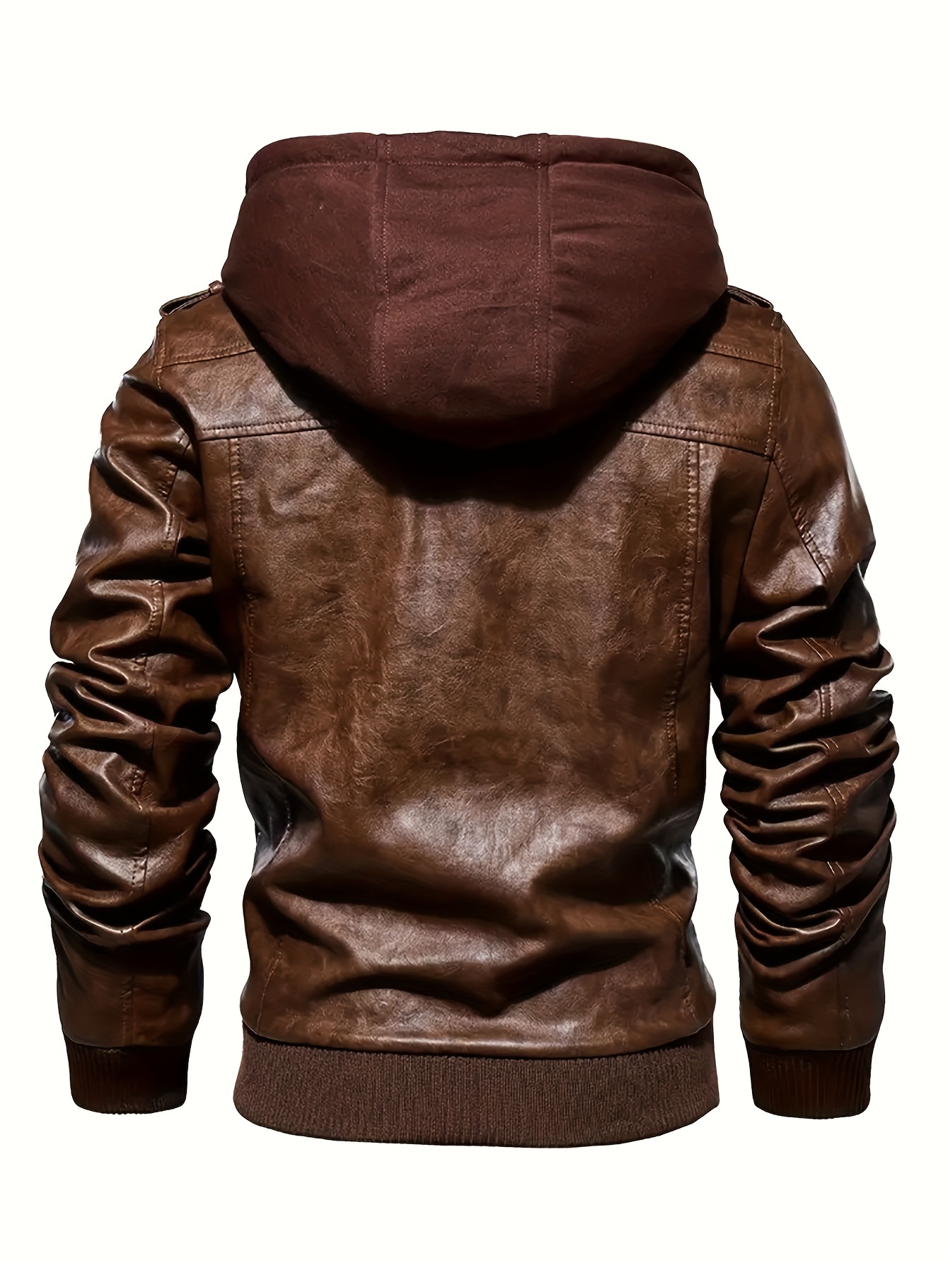 mens casual pu leather jacket chic zip up hooded biker jacket details 5