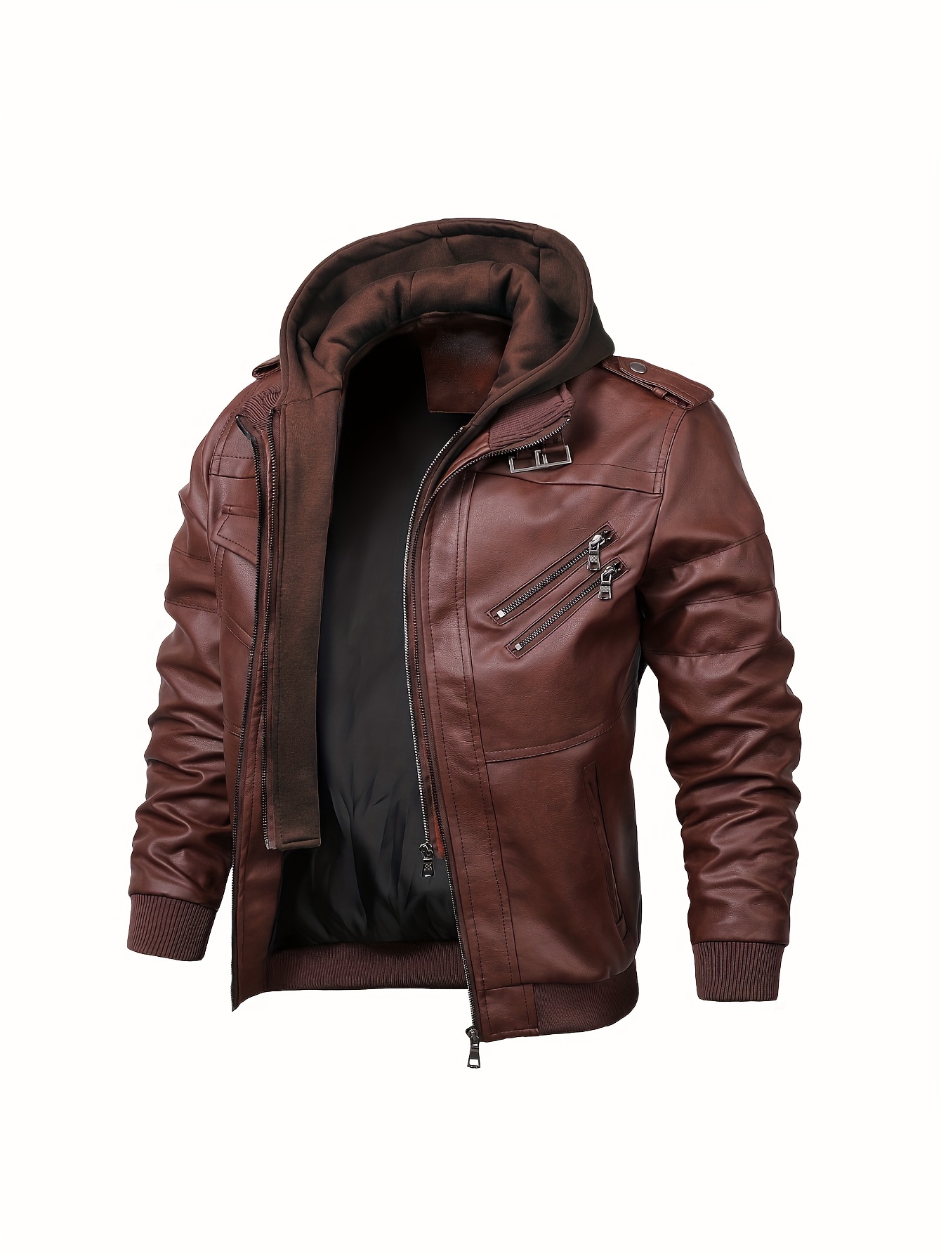 mens casual pu leather jacket chic zip up hooded biker jacket details 16