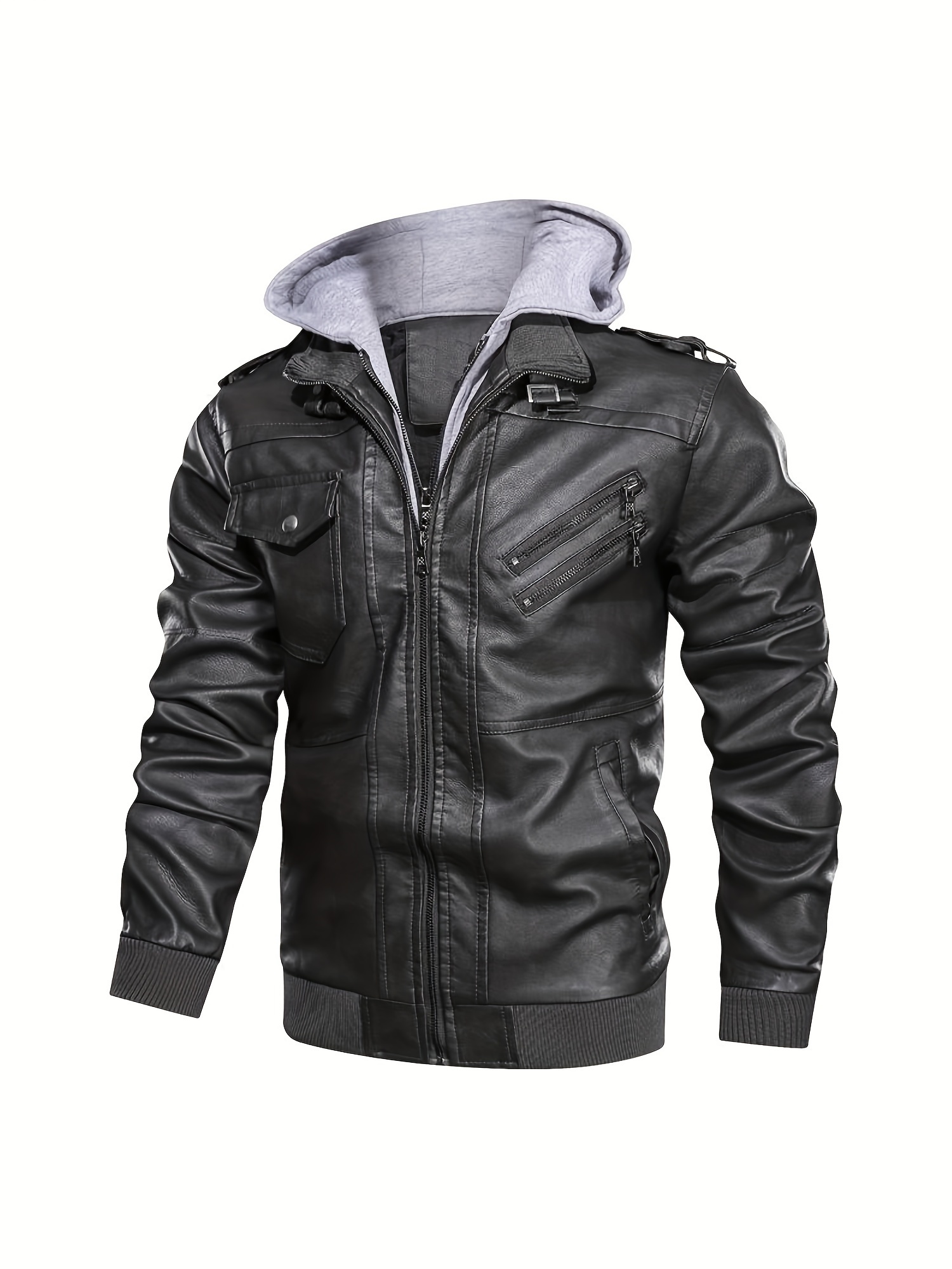 mens casual pu leather jacket chic zip up hooded biker jacket details 18