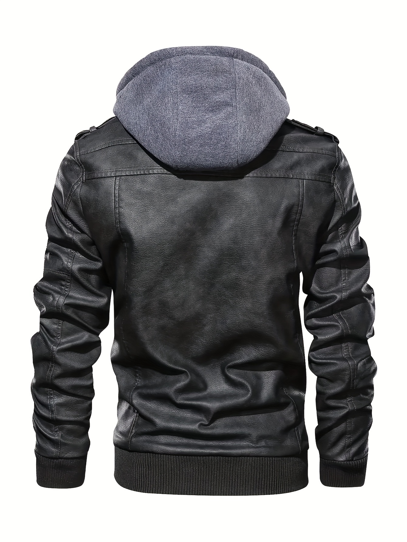 mens casual pu leather jacket chic zip up hooded biker jacket details 28