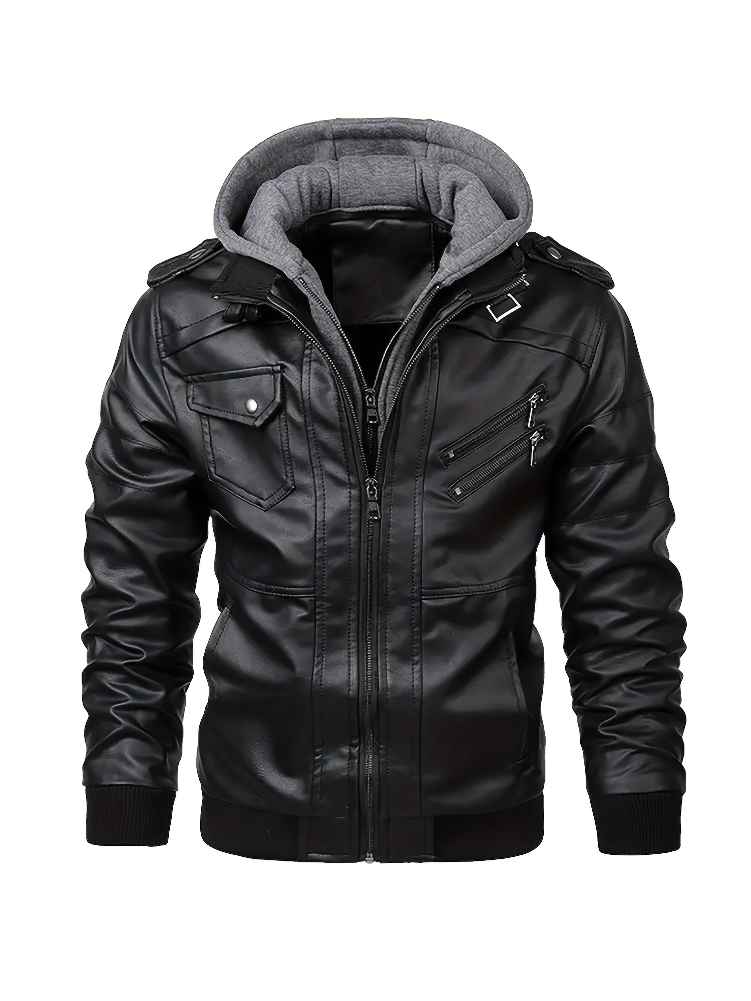 mens casual pu leather jacket chic zip up hooded biker jacket details 35