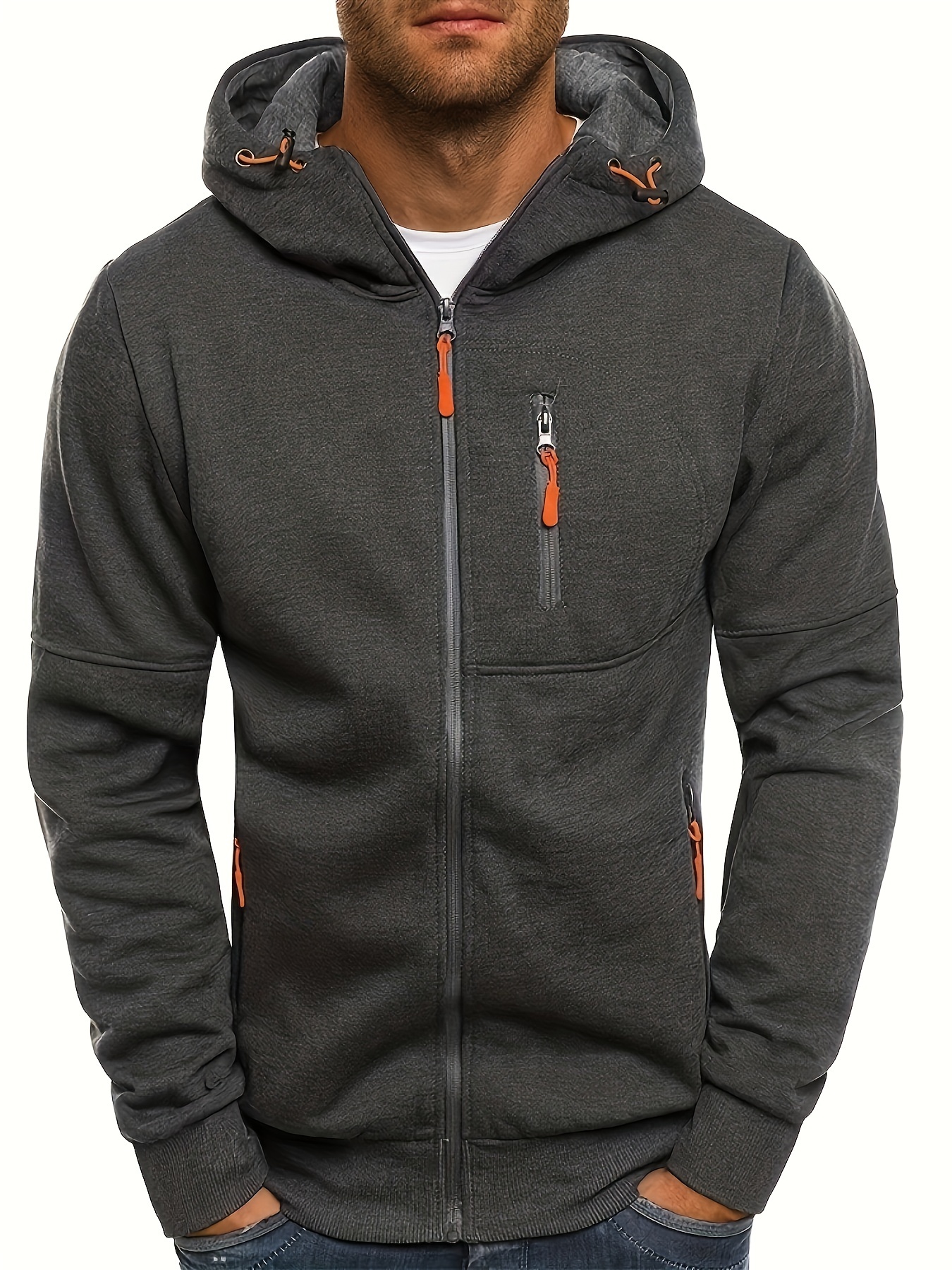 mens casual zip up hoodie with zipper pockets for spring fall fitness running details 0