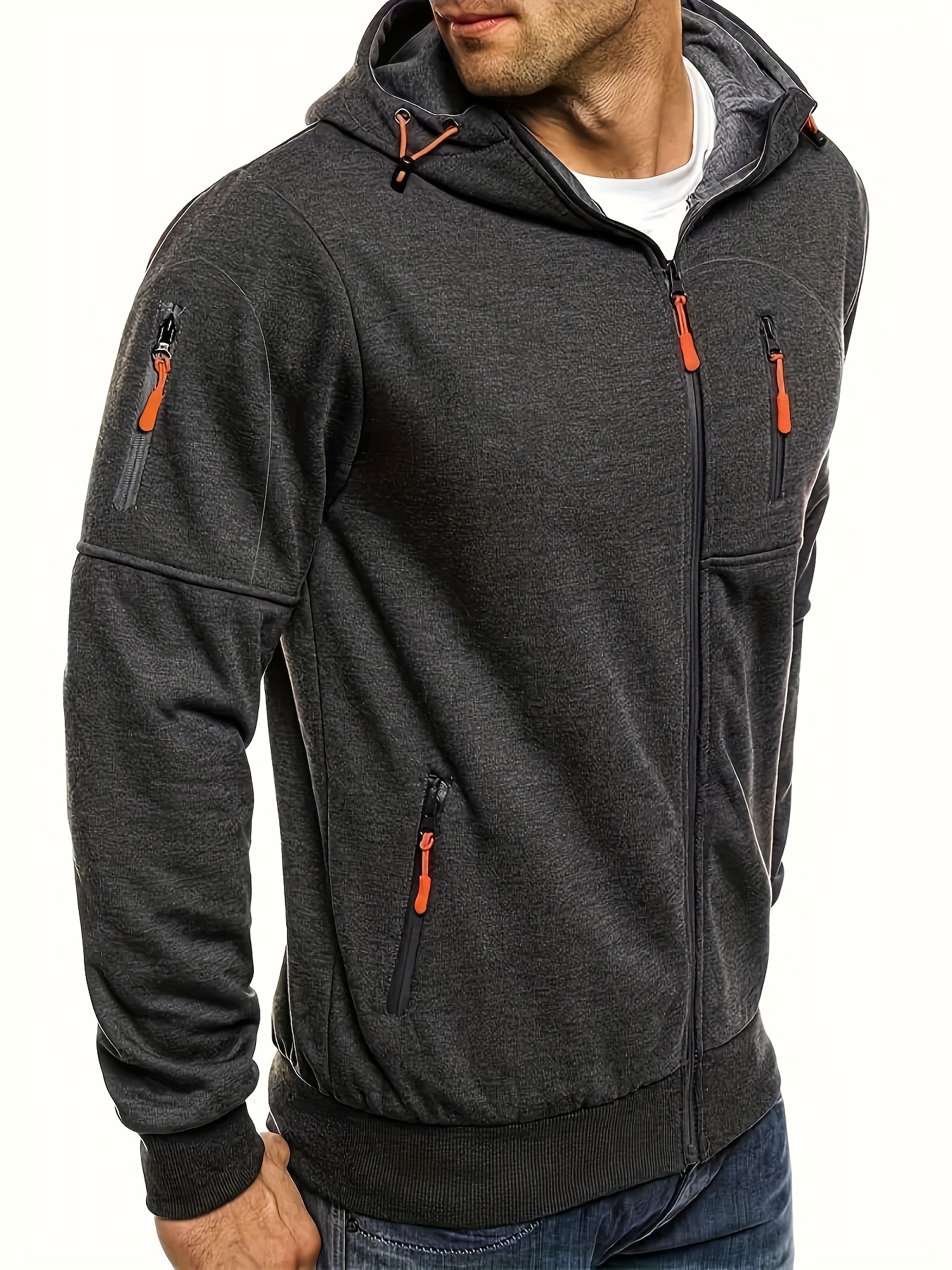 mens casual zip up hoodie with zipper pockets for spring fall fitness running details 1