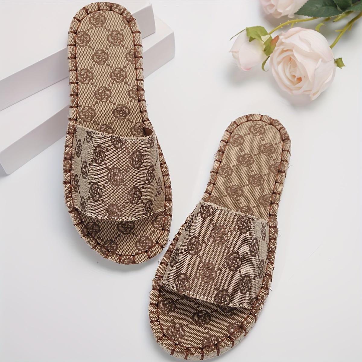 womens rose pattern espadrille flat slides single band open round toe shoes casual summer outside slides details 3