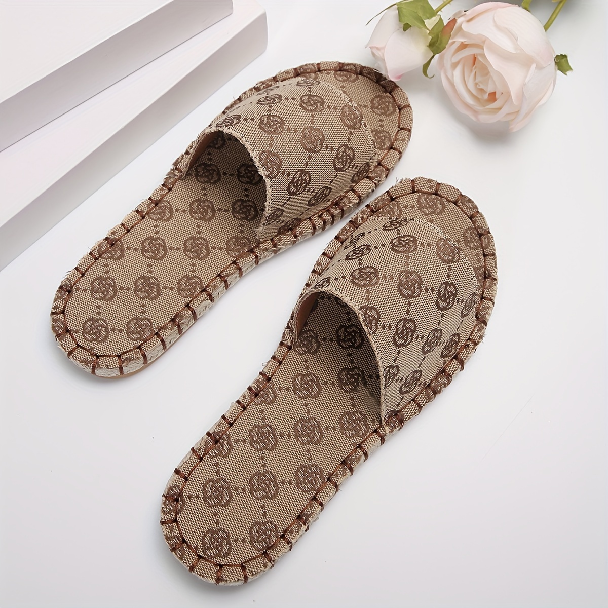 womens rose pattern espadrille flat slides single band open round toe shoes casual summer outside slides details 5