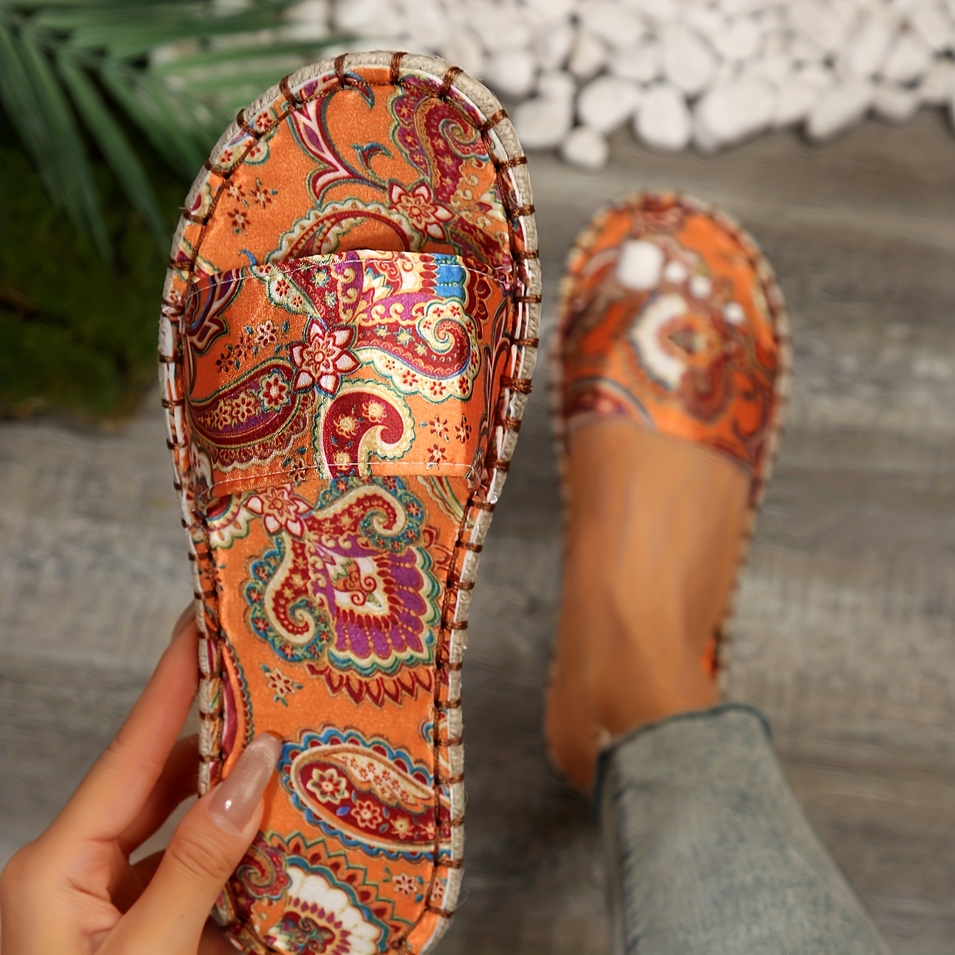 womens trendy ethnic pattern slippers casual open toe non slip linen slide sandals comfortable beach shoes details 4