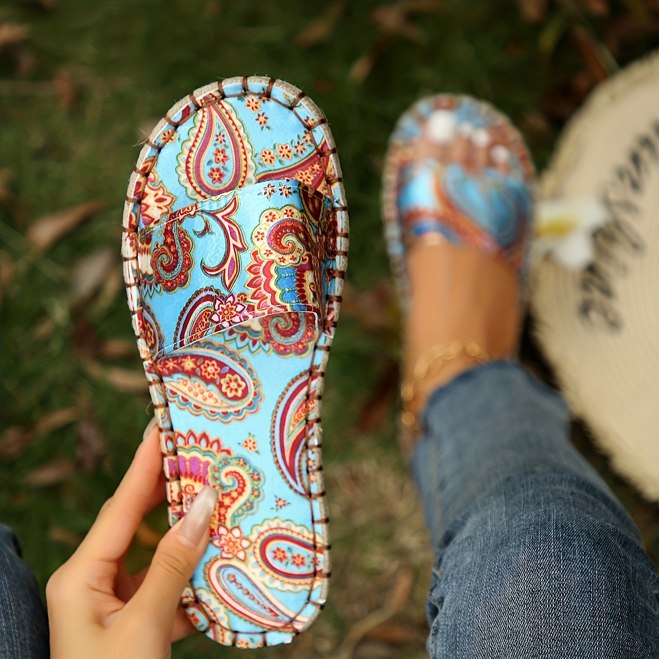 womens trendy ethnic pattern slippers casual open toe non slip linen slide sandals comfortable beach shoes details 6