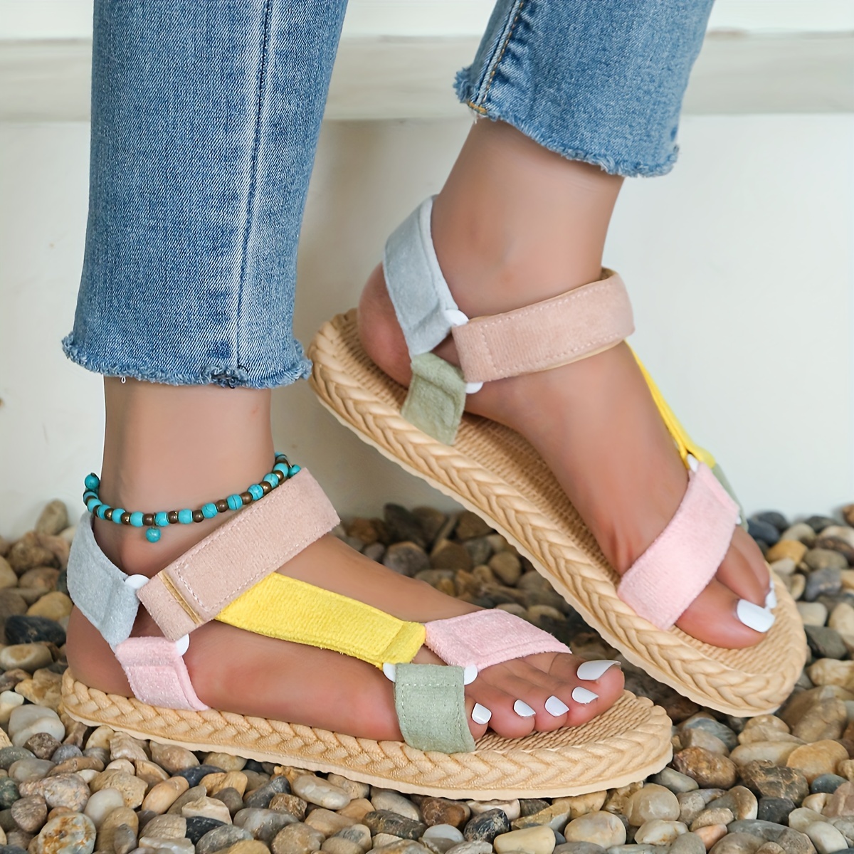 womens colorblock flat sandals casual ankle strap summer shoes lightweight beach shoes details 0