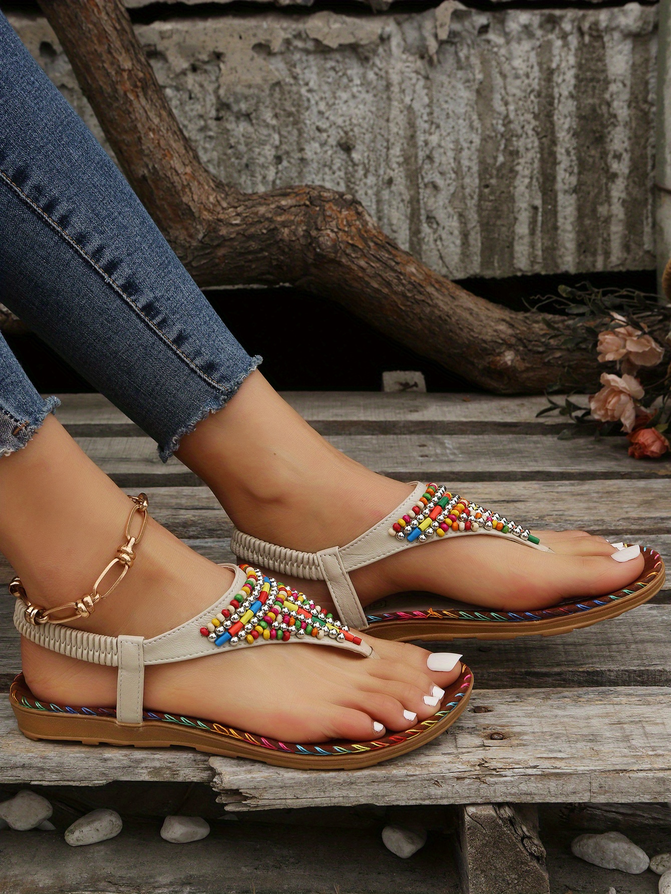 boho style flat thong sandals colorful beads elastic strap slip on shoes womens casual sandals details 8